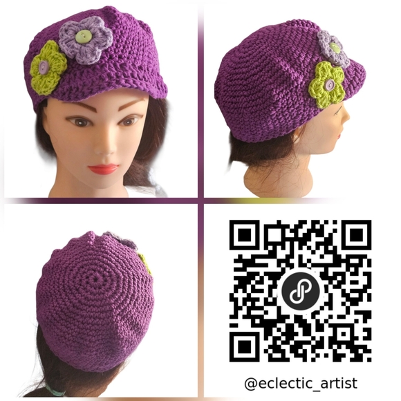 Handmade Boho Crochet Hat Cotton Floral Cap Purple Lavender Summer Werable Art - Picture 3 of 17
